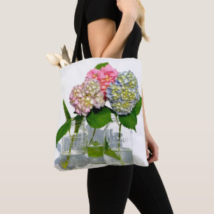 Tote Bag Hydrangées florales rose pâle bleu jaune vert