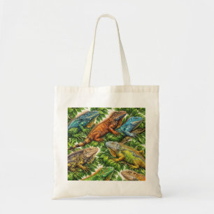 Tote Bag Iguanes colorés dans un motif de feuilles de jungl