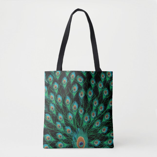 Tote Bag Illustration avec des plumes de paon sur le noir (Devant)