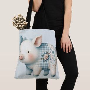 Tote Bag Illustration Cottagecore de Cochon en Patchwork Bl