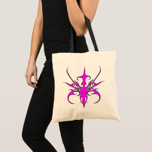 Tote Bag Illustration d'art linéaire tribal rose et noir fé
