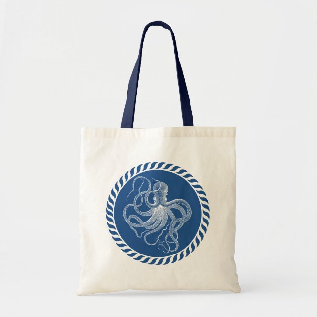 Tote Bag Illustration de la pieuvre blanche et bleue marine (Devant)