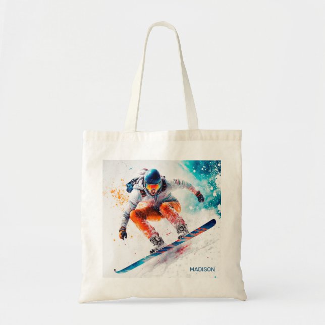 Tote Bag Illustration de snowboarder de nom personnalisé (Devant)