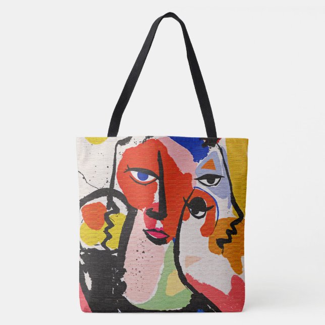 Tote Bag Illustration de visage rouge bleu jaune boho éclec (Devant)