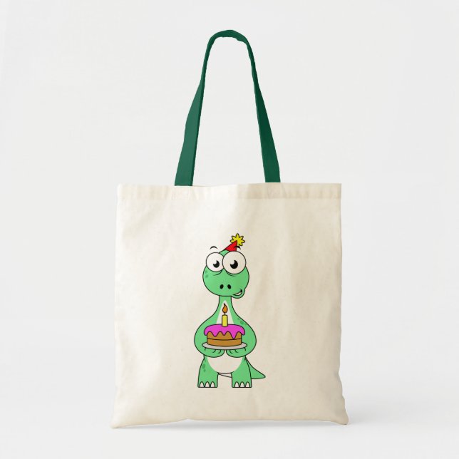 Tote Bag Illustration Du Brontosaurus Avec Gâteau D'Anniver (Devant)