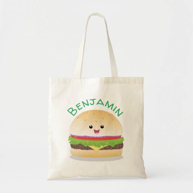 Tote Bag Illustration du joyeux hamburger Cute kawaii (Devant)