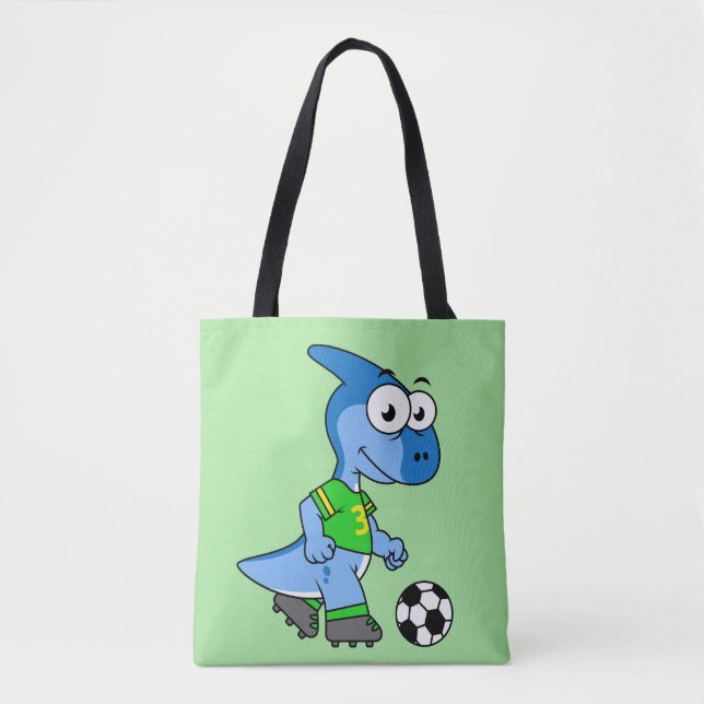 Tote Bag Illustration D'Un Parasaurolophus Jouant Au Footba (Devant)