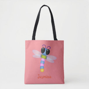 Tote Bag Illustration d'une libellule bleu et rose