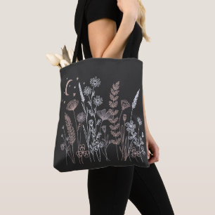 Tote Bag Illustration florale de ciel nocturne Boho – Lune,