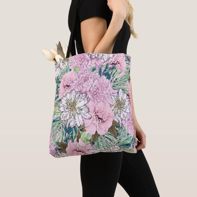 Tote Bag Illustration florale rose et blanche de mignonne f (De près)