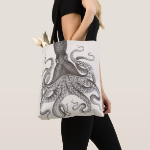 Tote Bag Illustration vintage grise de poulpe