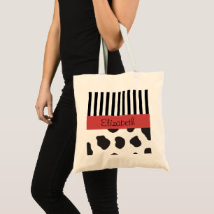 Tote Bag Impression de vache, Grilles, Noir et Blanc, Votre
