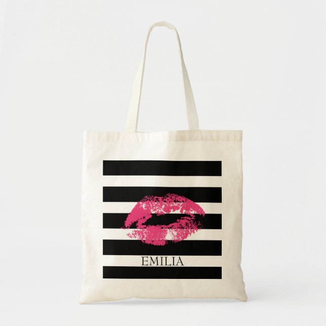 Tote Bag Impression Des Lèvres Rouges Et Des Bandes (Devant)