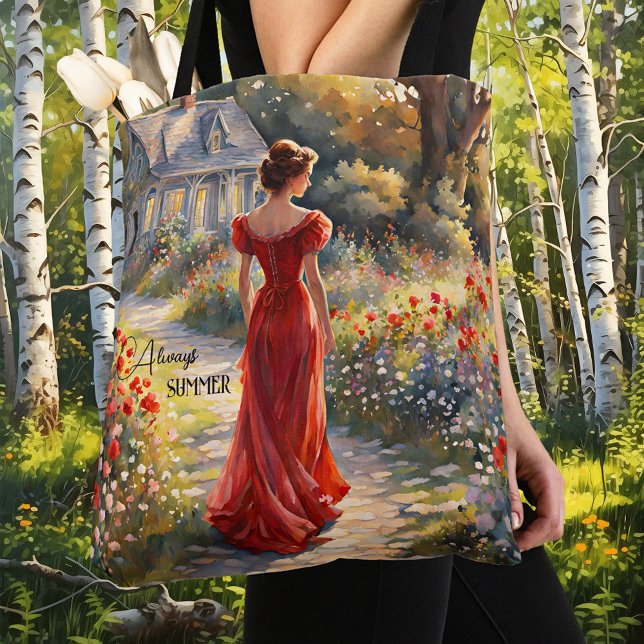 Tote Bag Impressionnisme Art vintage Dame (Tote bag featuring a fine art painting of an elegant lady in a long red dress in a summer garden)