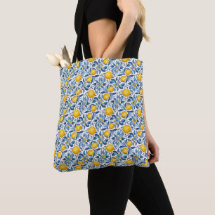 Tote Bag Imprimé botanique de citron bleu et jaune d'été