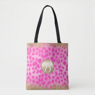 Tote Bag Imprimé guépard léopard rose pailleté or monogramm