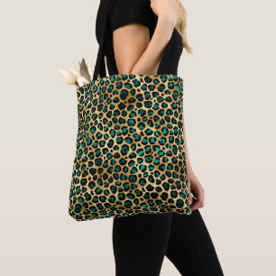Tote Bag Imprimé léopard glamour or et sarcelle