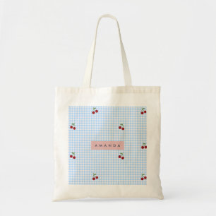 Tote Bag Imprimé personnalisé de cerises à carreaux bleus r