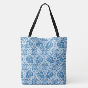 Tote Bag Indigo Blue Floral Faux Lace Motif