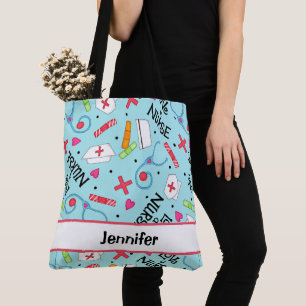 Tote Bag Infirmière Art Médicale Lumière Bleu Nom Personnal