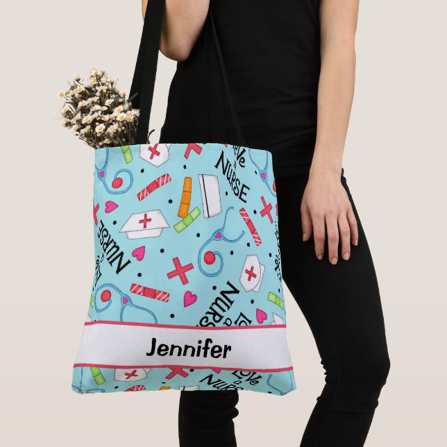 Tote Bag Infirmière Art Médicale Lumière Bleu Nom Personnal (De près)