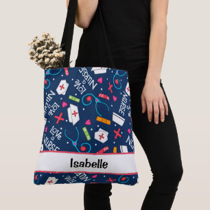 Tote Bag Infirmière Art Médicale Marine Nom bleu Personna