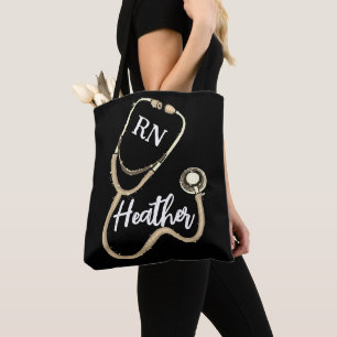 Tote Bag Infirmière RN Gold Stethoscope Noir Minimaliste