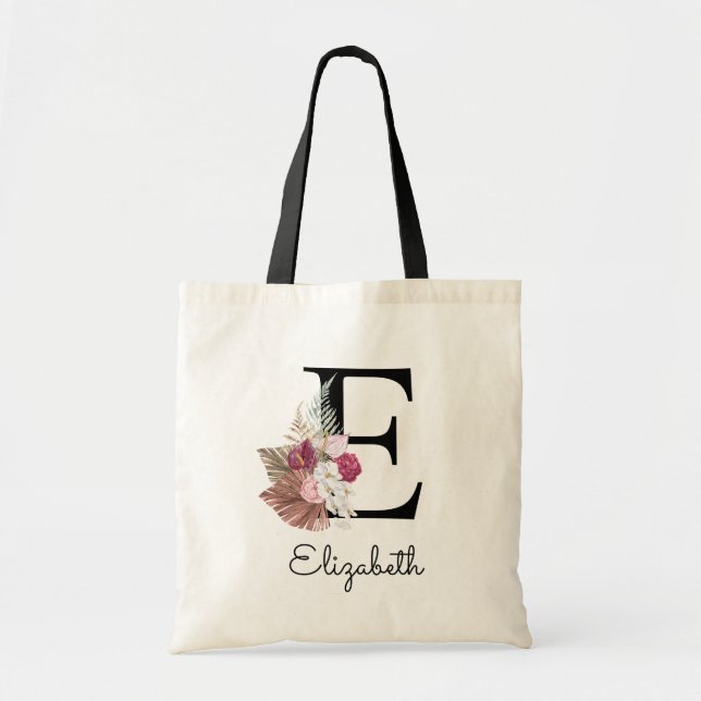 Tote Bag Initial E Moderne Rose Bohème Floral (Devant)
