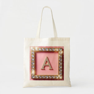 Tote Bag Initiale A Diamant Cadre Doré Paillettes Roses Mon