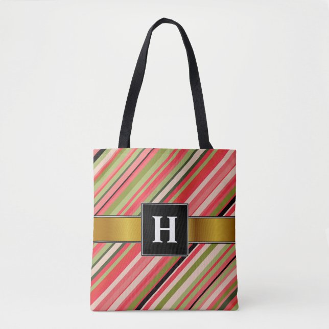 Tote Bag Initiale de coutume + Rayures Pastèque-Inspirées (Devant)