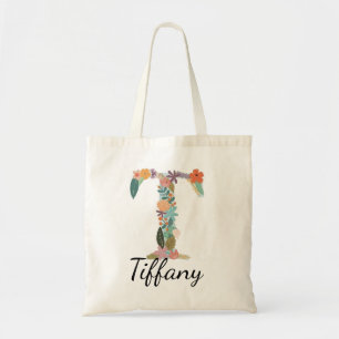 Tote Bag Initiale florale personnalisée Monogramme Nom pers