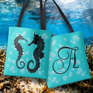 Tote Bag Initiale Monogramme Chevaux de Mer Noirs