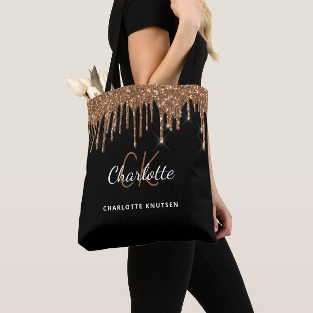 Tote Bag Initiales de monogramme avec gouttes de paillettes (De près)