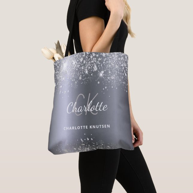 Tote Bag Initiales de monogramme en paillettes argentées (De près)