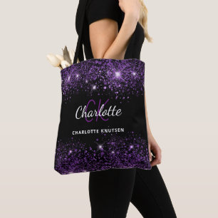 Tote Bag Initiales de monogramme en paillettes violettes no