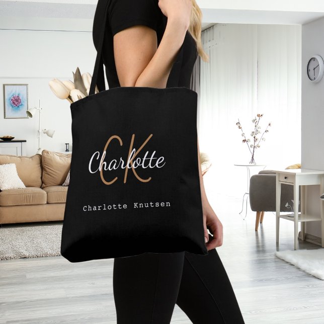 Tote Bag Initiales de nom de monogramme en or noir script (Créateur téléchargé)