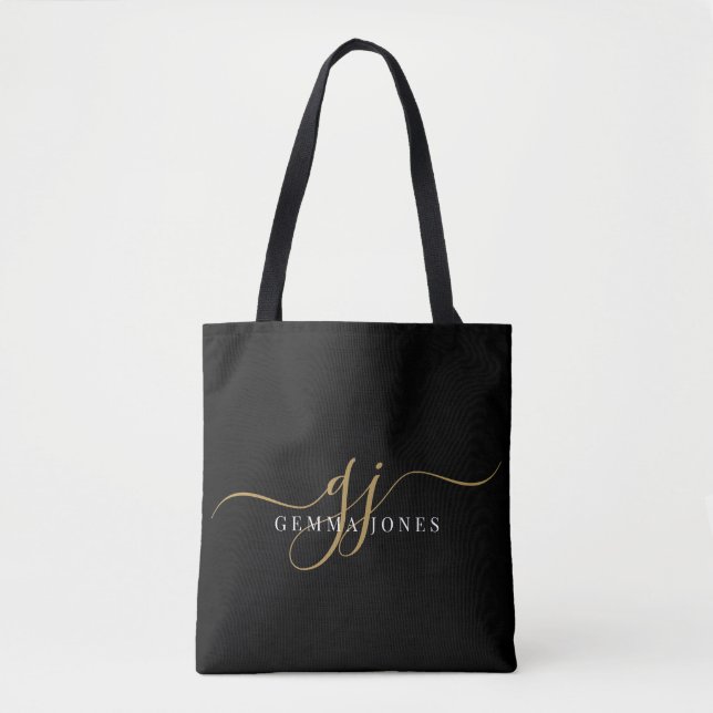 Tote Bag Initiales du Monogramme moderne Gold Script (Devant)
