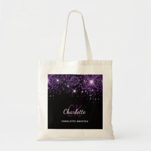 Tote Bag Initiales monogramme paillettes noir violet