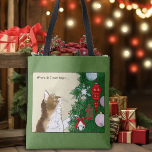 Tote Bag Inspection de l'arbre de Noël Drôle Chat Calico Fê