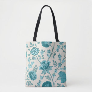 Tote Bag Jacobean Floral Lg Motif Teals sur Crème
