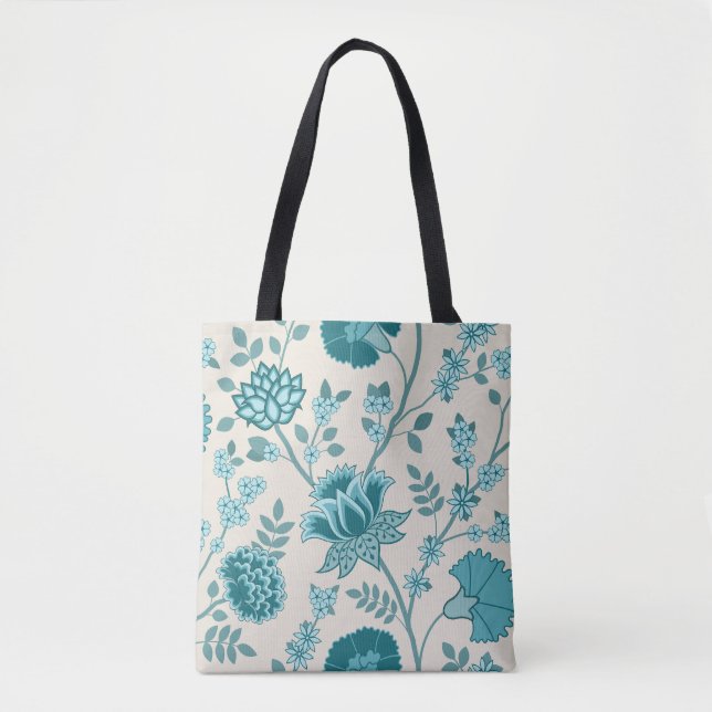 Tote Bag Jacobean Floral Lg Motif Teals sur Crème (Devant)