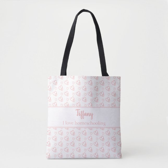 Tote Bag J'aime l'école à la maison de beaux coeurs (Devant)