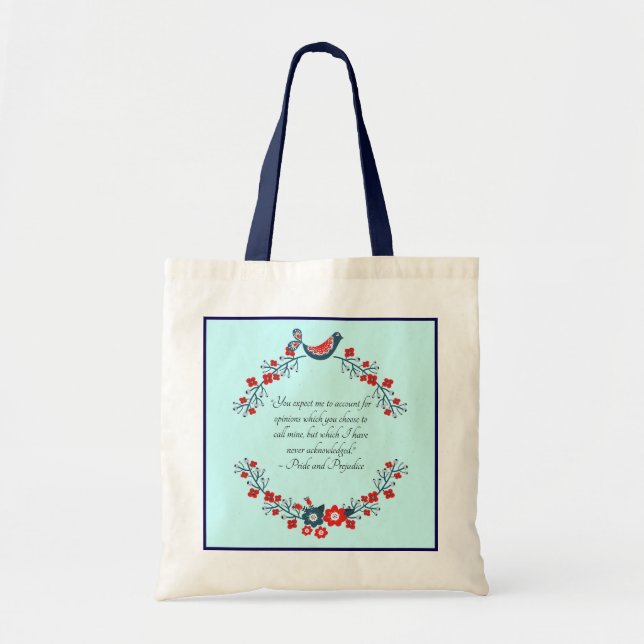 Tote Bag Jane Austen Quote, Pride and Prejudice Floral  (Devant)