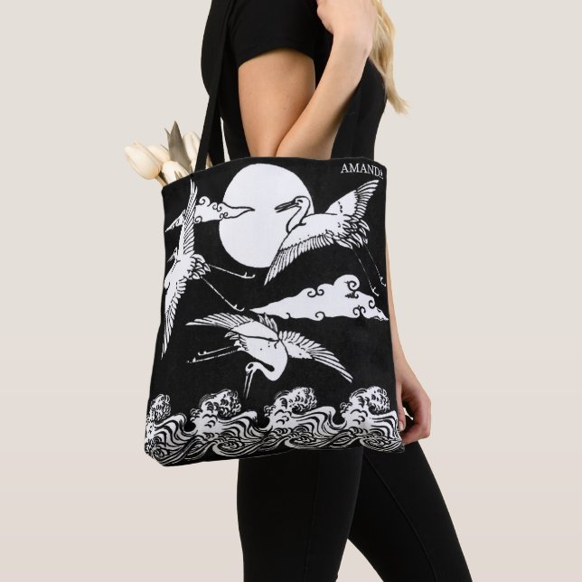 Tote Bag Japanese Cranes Over Waves – Personalized (De près)
