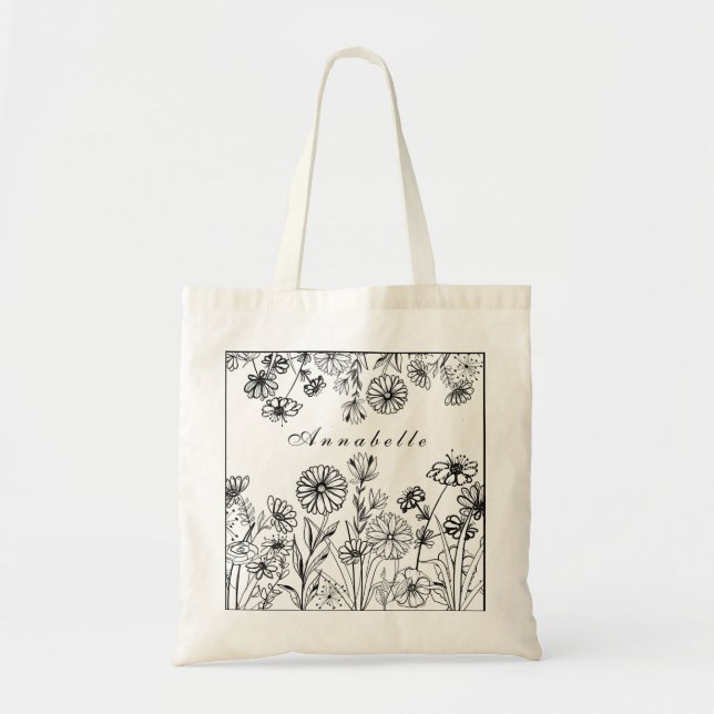Tote Bag Jardin de fleurs blanches noir ligne graphique (Devant)