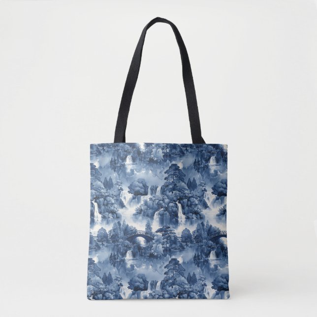 Tote Bag Jardin d'eau japonais en porcelaine blanche bleue (Devant)
