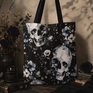 Tote Bag Jardin gothique crânes et fleurs noir floral