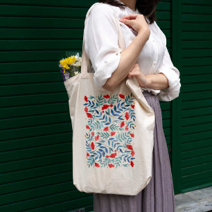 Tote Bag Jardin magique - rouge et turquoise