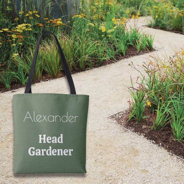 Tote Bag Jardinier en Chef Jardinage Vert Personnalisé (A green bag with Head Gardener caption, personalized with a name of your choice.)