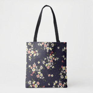 Tote Bag jaune rose et marron petites fleurs avec lea vert
